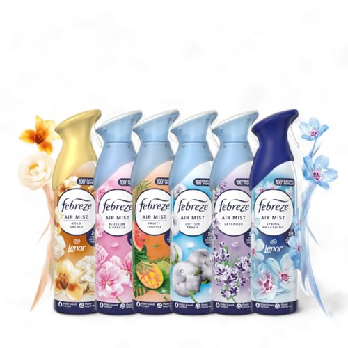 Febreze Air Mist Air Freshener Spray Odour Eliminator 6 x 185ml, Mixed Scents: LAVENDER, BLOSSOM & BREEZE, COTTON FRESH, GOLD ORCHID, FRUITY TROPICS, SPRING AWAKENING - Home & Office Use