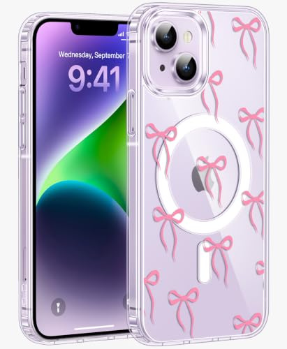 Jkvare for iPhone 14 Case, Crystal Clear Aesthetic Pattern Wireless Magnetic Protective Phone Cover for Women Girls - Chic Bows