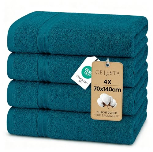 CELESTA Badetücher 70x140 cm, 4er-Set 100% Baumwolle Frottee, Türkis