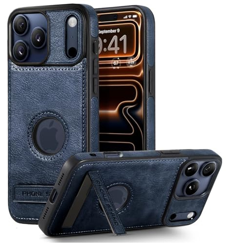BinBoom Leather Case for iPhone 17 Pro Max Case, Thin Flexible Soft Grip Luxury Cover, Protective Slim with Kickstand Shockproof Phone Cases Compatible with iPhone 17 Pro Max 6.9'', Blue