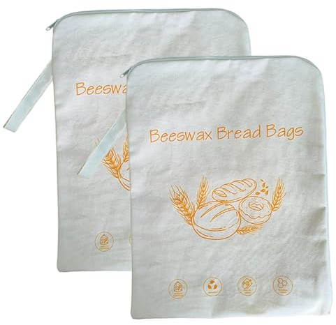 Lot de 2 sacs à pain en cire d'abeille avec fermeture éclair, 43, 2 x 33 cm, en coton naturel de qualité alimentaire, sacs à pain réutilisables et respectueux l'environnement pour une cuisine durab