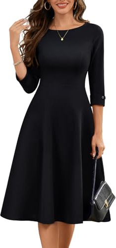 HomRain Elegant Cocktail Party Dresses for Women Wedding Guest Fit and Flare Vintage Black Dress for Women Funeral Midi A Line Dress with Pockets, Black L