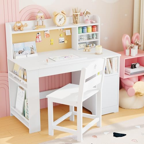 GarveeMore Kinderschreibtisch Set, Schülerschreibtisch Mit Stuhl, Neigbarer Tischplatte, Bücherständer, Schrank & Pinnwand, Ergonomischer Jugendschreibtisch Für 3-12 Jahre Kinder, Weiß