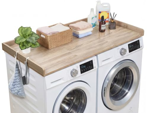 VEVOR Comptoir pour Lave Linge et Sèche Linge 137x69,9 cm, Plan de Travail pour Machine à Laver Imperméable, pour Rangement Aménagement Buanderie Placard Balcon, avec Rebord et Crochets, Chêne