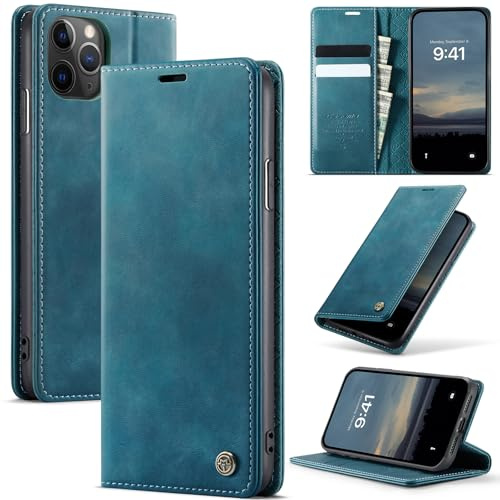 Cracedily Wallet Case for iPhone 11 Pro Max Leather Wallet Flip Cover with Card Holder, Kickstand, Magnetic Closure, RFID Blocking TPU Shockproof Phone Case Compatible with 11 Pro Max, Blue-Green