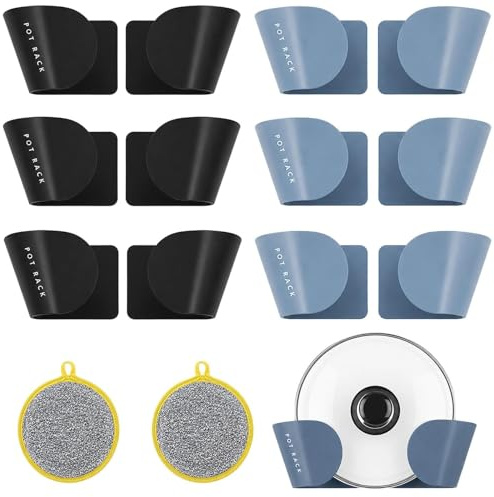 Soomuct 6 Pairs Pan Lid Holder, Wall Mounted Cupboard Organiser | ABS plastic holders with adhesive pads and 2 cleaning sponges for pan lids, plates and chopping boards