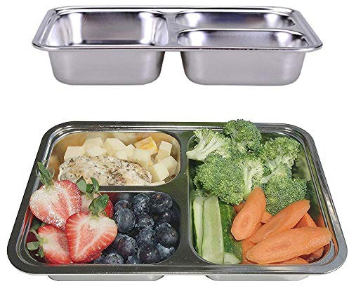 AIYoo Set of 2 Stainless Steel Divided Plates Tray 3 Sections Diet Food Control Dinner Plate for Adults - Unbreakable Metal Plate for Campers Portion Control Reusable Plate