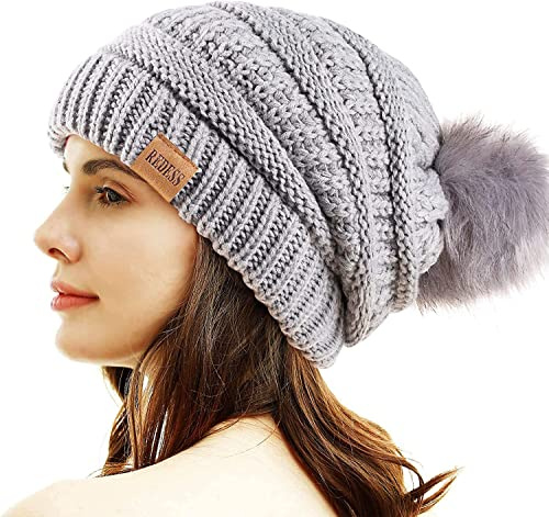 REDESS Damen Winter Pom Pom Beanie Mütze mit warmem Fleece gefüttert, Dicker Slouchy Snow Knit Chunky Baggy Skull Ski Cap