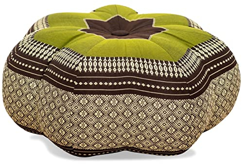 livasia Meditationskissen Stern groß - Ø 40x20cm - Yogakissen mit Kapok, Pouf, Bodenkissen sternförmig Yoga Zen Meditation, Zafukissen Garten Balkon, Sitzkissen handgefertigt (Braun/Grün)