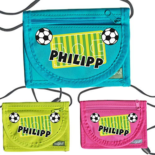 MissRompy | Brustbeutel Fußball mit Name (841) und Sicherheitsverschluss Jungen Umhängebeutel breast bag Portemonnaie