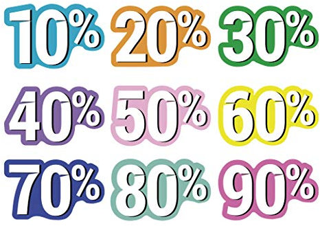 Oedim Pack 9 Vinilos para Escaparates Decoración Rebajas | Descuentos del 10% hasta el 90% | 50x30cm | Vinilo Adhesivo | Decora tu escaparate | Pegatinas Adhesivas Escaparate | Vinilos para Negocios