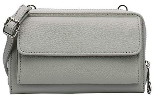 SH Leder Damen Handytasche Umhängetasche Geldbörse Multifunktion Beutel aus Echtleder Verstellbar Schultergurt Handy bis 6,7 Zoll 11,50x19cm Vera G368 (Hellgrau)