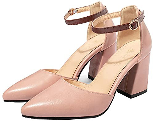 Birdsight Mary Jane Escarpins Femme à Talons Haut Carrés avec Bride de Cheville et Bout Pointu pour Le Bureau Elégant(Rose 38)