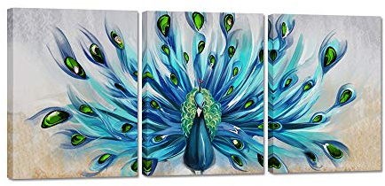 Zlove 3-teiliges Leinwandbild mit Pfauenmotiv, blaugrün/blauer Pfau mit schönen Federn, Tierbild, Gemälde auf Leinwand, für Wohnzimmer, Schlafzimmer, fertig zum Aufhängen, 30.5 x 40.6 cm x 3 cm