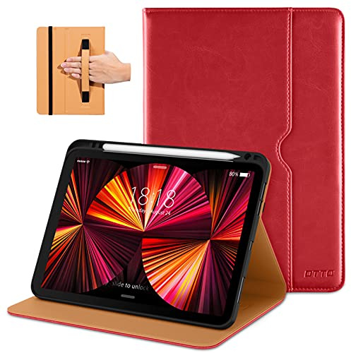DTTO Hülle für iPad Pro 11 Zoll 4./3./2./1. Generation 2022/2021/2020/2018, Premium PU Leder Folio Ständer Cover mit Handschlaufe, Auto Wachen/Schlafen, Mehrere Betrachtungswinkel, Rot