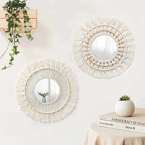 SOMYTING Makramee Wandspiegel 2 Set Runden Spiegel Boho Makramee Fransenspiegel mit Anhänger für Wohnung Wohnzimmer Schlafzimmer Kinderzimmer Schöne Geschenkideen
