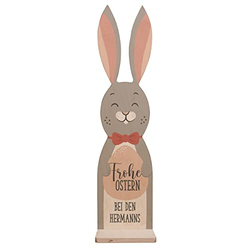 Herz & Heim® Holz Aufsteller -Osterhase- mit Wunschname Grau