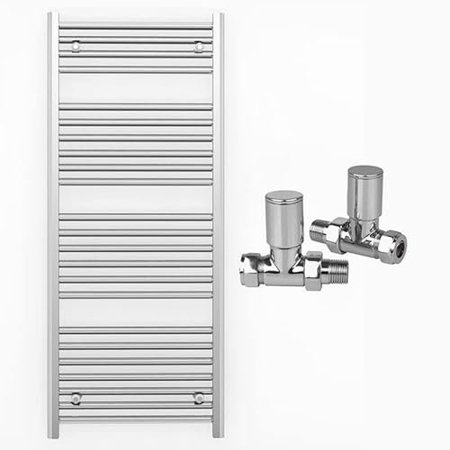 550mm Wide Straight Chrome Heated Bathroom Towel Rail Radiator With Valves For Central Heating UK (With Chrome Straight Valves, 550 x 1200mm (h))