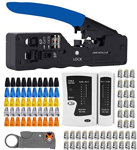 MAYLINEE pelacables alicates de Cat5e Cat6 Kit de herramientas de Reparación de Cables de red para RJ45, Cortador de Pelado Ethernet, Crimpado de Profesional LAN 50 Conectores (Rojo)