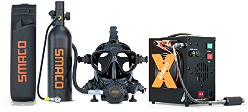 SMACO Mini Tauchflasche mit Tauchmaske,1L Mini Sauerstoffflasche Taucherflasche mit Vollgesichtsmaske Tauchermaske,S400 PRO Taucherflasche Mit 15 Bis 20 Minuten für Unterwasser Erkundung und Rettung