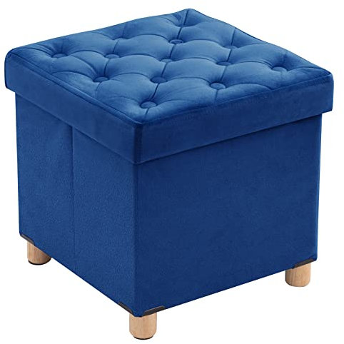 BRIAN & DANY Folding Storage Ottoman with Wood Legs, Velvet Footstools Cube for Living Room and Bedroom, 40x 40x 40 cm, Blue