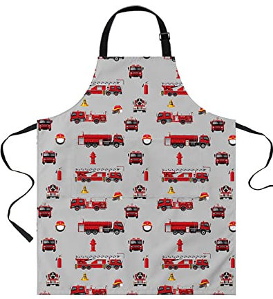 Wasserdichte Schürze mit Taschen für Feuerwehrautos, pädagogisch, rot, grau, Cartoon-Motiv, Küche, Köche, Lätzchen, Kochen, Grillen, Backen, verstellbare Schürzen für Damen/Kinder, Zuhause, Garten,