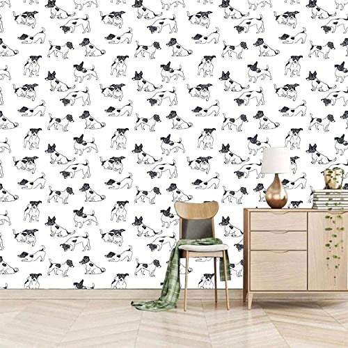 Murale Chien Animal Noir Et Blanc | Papier Peint | Art Mural | Murale | Image | Murales | Fonds D'Écran | Murale Wal 3D Papier Peint Salon Le Mur Pour Chambre Murale Frontière- 400(L) x280(H) cm