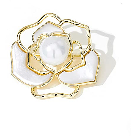 BSLVWG Frauen Brosche Pins Faux Perle Broschen Runde Form Kamelie Blume Brosche Schal Pin