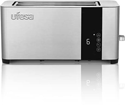 Ufesa Duo Plus Delux Tostador de 2 Ranuras Largas y Anchas, 1400W, 7 Niveles, Función Recalentar, Descongerlar y Cancelar, Bandeja Recogemigas, Inox