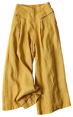 Bianstore Women's Culottes Linen Cropped Wide Leg Pants Elastic Waist Casual Palazzo Trousers with Pockets (Yellow-XXL)