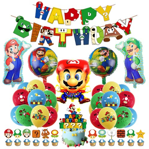 Mario Party Dekoration Set mit Geburtstagsballons, Super Brother Aluminiumfolieballons, Banner und Tortendekorationen