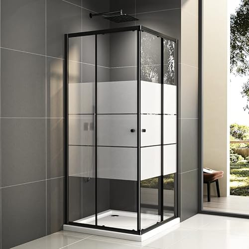 Duschkabine 90x90 cm, Schwarz Doppel Schiebetür Milchglas Streife Eckeinstieg Duschabtrennung Duschwand ESG Sicherheisklarglas Schnelle Installation Höhe 185cm Links Rechts Montierbar