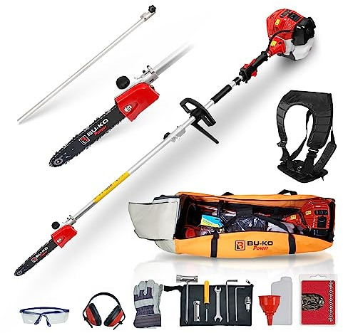 BU-KO 52cc Scie sécateur à essence longue portée et perche d'extension de 75cm avec sac à outils pour un rangement pratique, outil de jardin ultime pour la taille des arbres