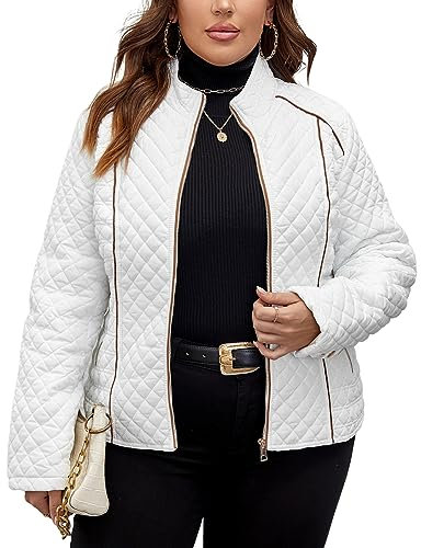 Geschallino Giacca Leggera Trapuntata da Donna Taglie Forti Piumino Inverno Corto Cappotto con Pile Foderato 087PLUS Bianco 3XL