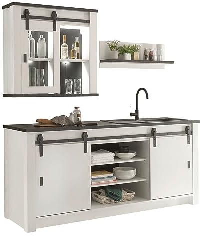 Küche Küchenzeile in weiß Pinie und schwarz/anthrazit Küchenschrank Set 3 teilig Küchenblock komplett Set im Industrial Design Stove (Set 1)