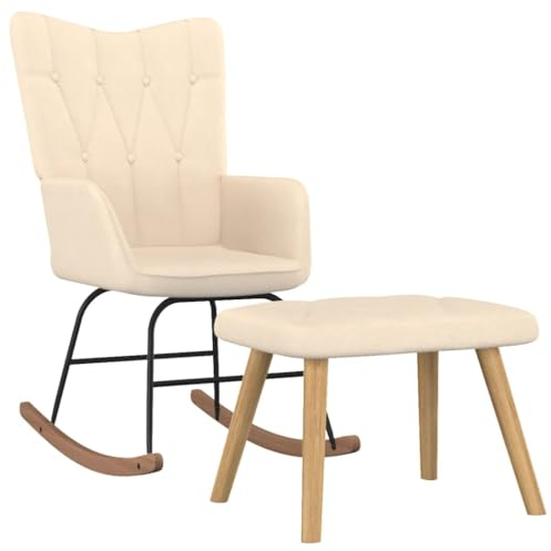 vidaXL Schaukelstuhl mit Hocker, Schwingstuhl mit Armlehne, Schaukelsessel mit Holzkufen Stahlgestell, Relaxsessel Schwingsessel Wohnzimmer, Modern, Stoff Creme