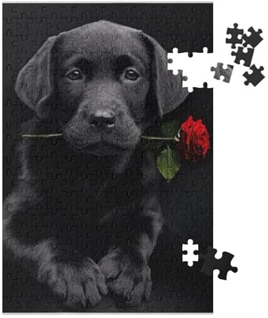 Black Labrador Bites a Rose,Jigsaws Puzzles 1000 Pieces Teens Kids Jigsaw Entertainment Toys Brain Challenge Puzzle(38x26cm)-227