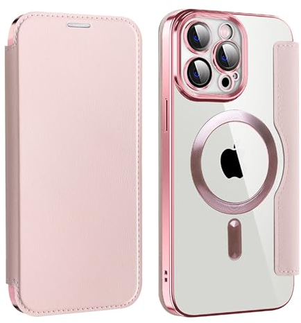 Bakicey Hülle für iPhone 15 Klapphülle Kompatibel mit mag-Safe Kartenfach PU Leder Anti-Kratzer Handyhülle mit RFID-Sperre Schutzhülle Transparent Flip Case Cover für iPhone 15, Rosé