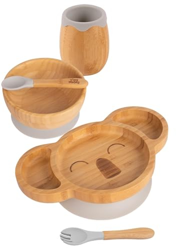 Tiny Dining 5pc Grau Bambus-Koala-Baby-Entwöhnungsset - Kleinkind Kinder Essen Fütterung Teller Platte Schüssel Löffel Besteck - Silikon Saugnapf