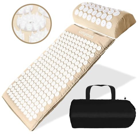 unycos - Akupressur-Set, Akupressurmatte mit Kissen【Inklusive Tragetasche】Akupunkturmatte gegen Nacken- und Rückenschmerzen, Blumenfeldmatte, Nadelreizmatte, 230-Pin, 26-Punkt-Massagematte (Beige)