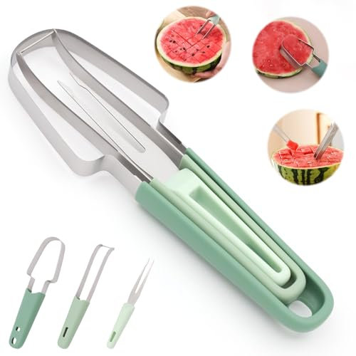 Cortador de fruta de acero inoxidable 3 en 1, 2024 Nuevo tenedor de sandía herramienta de corte, Gadgets de cocina tenedores de fruta cuchillo de corte, tenedor de corte de fruta de sandía de verano