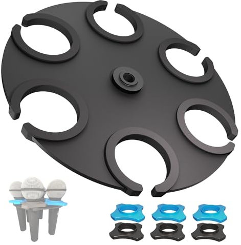 Multi Microphone Holder (Aluminum) Multi-Mic Holder for Handheld Dynamic, Wired and Wireless Mics, Storage Organizer and Display for Mic Stand, Mounts to 5/8-27 or 3/8-16 Threaded Stands