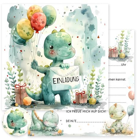 Vielucks®15 x Dino Einladungskarten-Quadrat -Original-mit Aufkleber,Einladungskarten Kindergeburtstag Junge Mädchen,Geburtstagseinladungen,Partyeinladungen,Einschulung Einladungskarten (Dinosaurier)