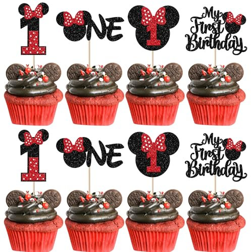 Xsstarmi 24 Pack My 1st Birthday Mouse Inspired Cupcake Toppers, First Party Decorations Red Bow One Mini Picks for Baby Shower Cake Decorations