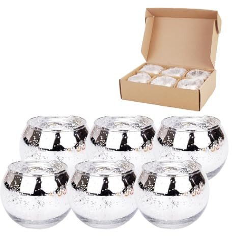 Hiseng 6 Stück Teelichthalter Glas Kerzenhalter Klein Rund Sternenhimmel Votivkerzenhalter Teelichthälter Teelichter Dekoration für Weihnachten, Hochzeit, Kerzenlicht Abendessen (Silber)