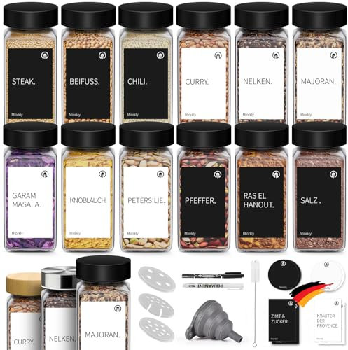 Miorkly Gewürzgläser Eckig Set mit Edelstahl Deckel Schwarz [12x 120ml] Gewürzdosen mit Streueinsatz - Hochwertige Gewürzstreuer, Gewürzbehälter, Gewürze Organizer [10,5cm x 4,3cm]