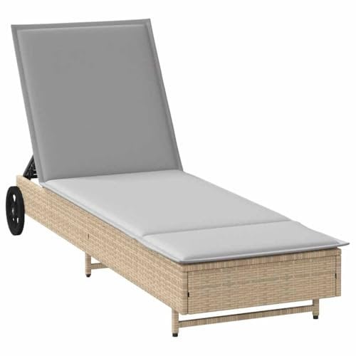 vidaXL Chaise Longue avec Roues et Coussin Beige résine tressée, lit de Bronzage, Chaise Longue inclinable, lit de Jour d'extérieur