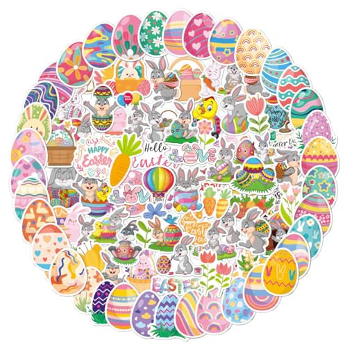 Ostern Aufkleber Set, 100 Stück Ostereier Sticker, Kinder Osteraufkleber, Ostern Hase Aufkleber, Ostereier Aufkleber PVC Wasserfeste Vinyl-Aufkleber für Wasserflaschen, Scrapbooking, Tagebuch, Laptop