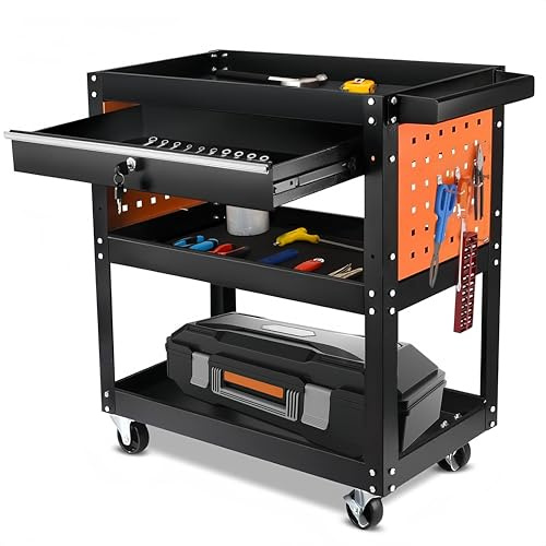 WUDLEP 3-Tier Rolling Cart, 76 * 35 * 70cm Heavy Duty Tool Trolley With Large Lockable Drawer and Rack, Metal Transport Trolley for Workshop, Load Capacity 200KG