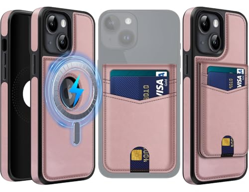 MOBESV 2-in-1 Magnetisch Handyhülle für iPhone 14 mit Wallet Ständer, Lederhülle kompatibel mit MagSafe, Elegant Hülle mit Kartenhalter, Rosa